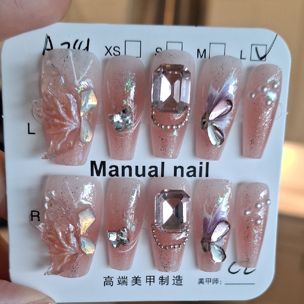 Pink Glitter Press-On Nails with Rhinestones - Size Large - Coffin Shape